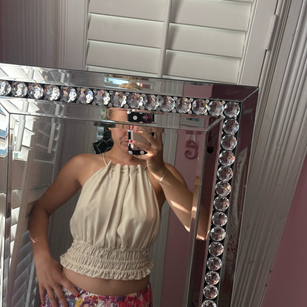 DO+BE Cream Halter Tank Top with Ruffled Bottom and Pearl Neckline